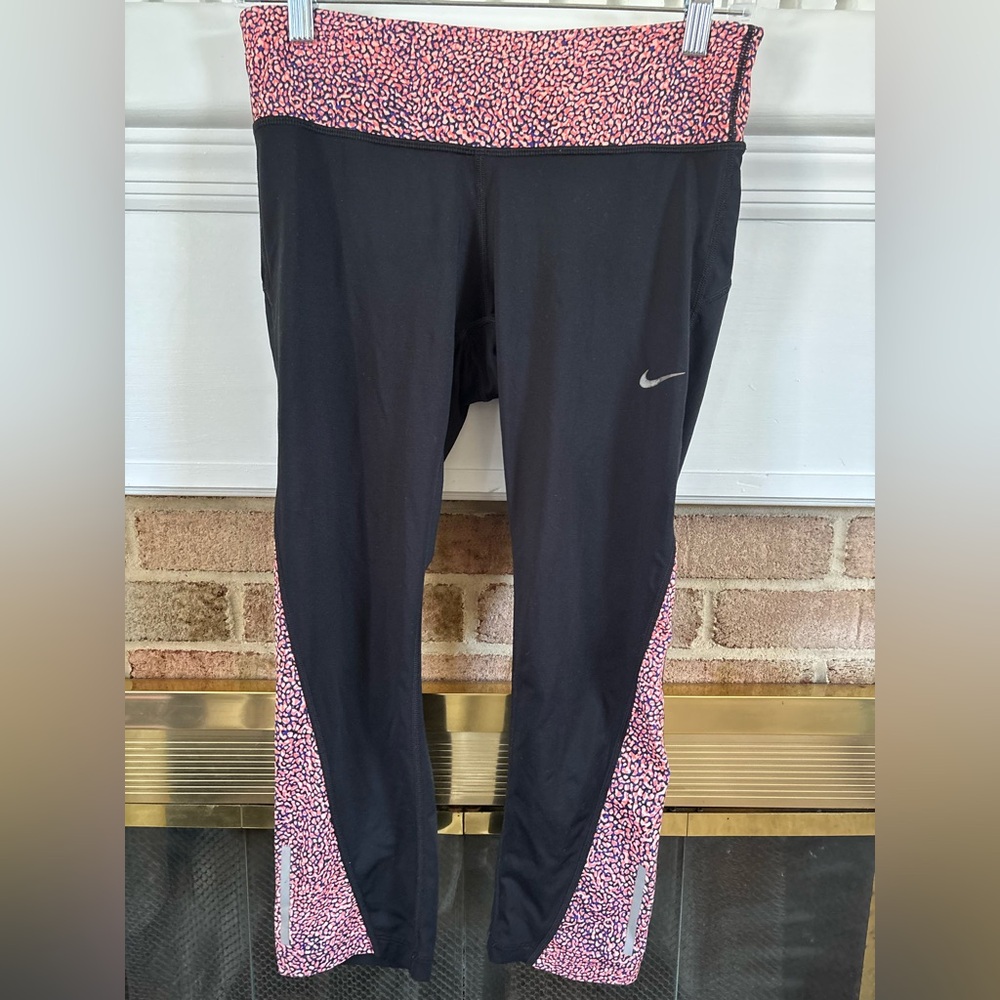 WOMEN'S NIKE DRI-FIT RELAY BLACK MULTI ORANGE CAPRI RUNNING LEGGINGS YOGA SMALL